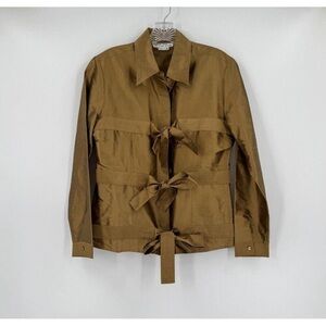 Samuel Dong Dons Collection Womens Gold Raw Silk Bow Front Tie Button Top Sz M